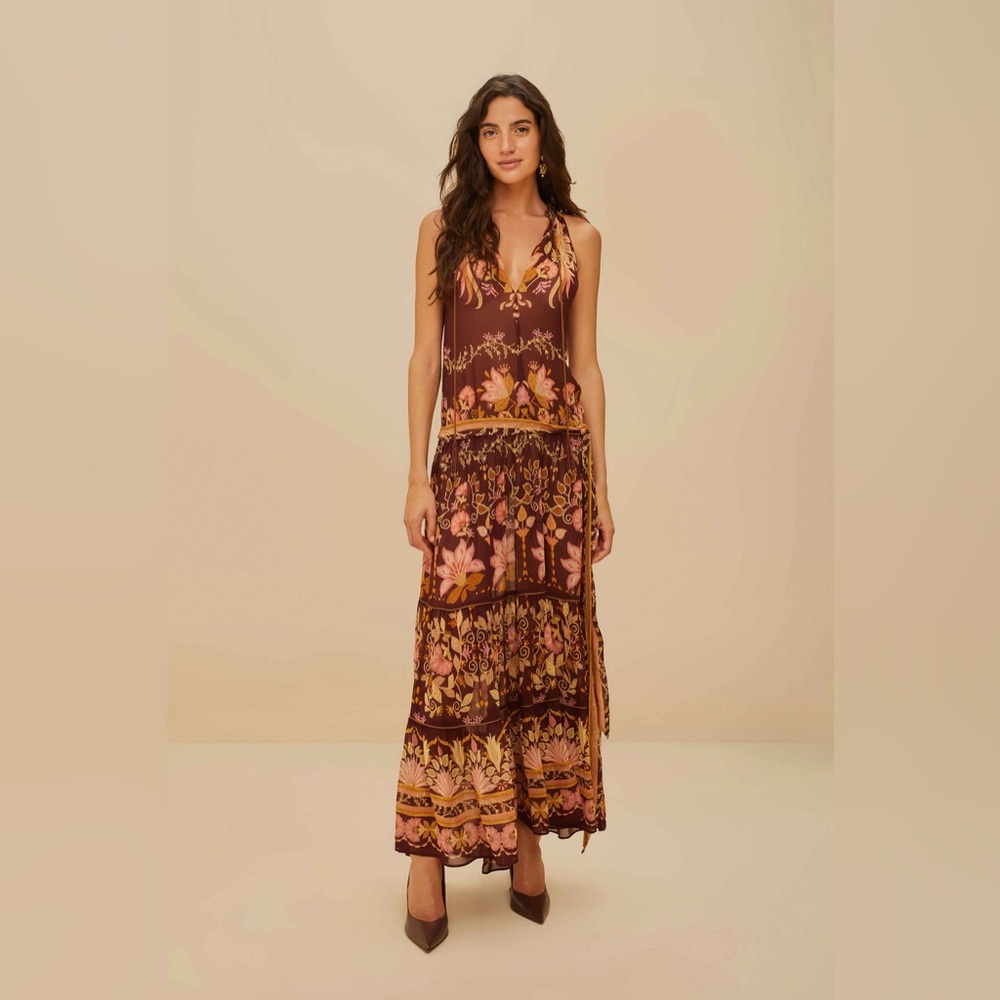 FARM RIO Burgundy Bella Maxi Dress | Tropical Floral Boho Statement | Size L EUC